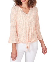 Ruby Rd. Knit Stripe V-Neck 3/4 Ruffle Sleeve Tie Top