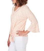 Ruby Rd. Knit Stripe V-Neck 3/4 Ruffle Sleeve Tie Top