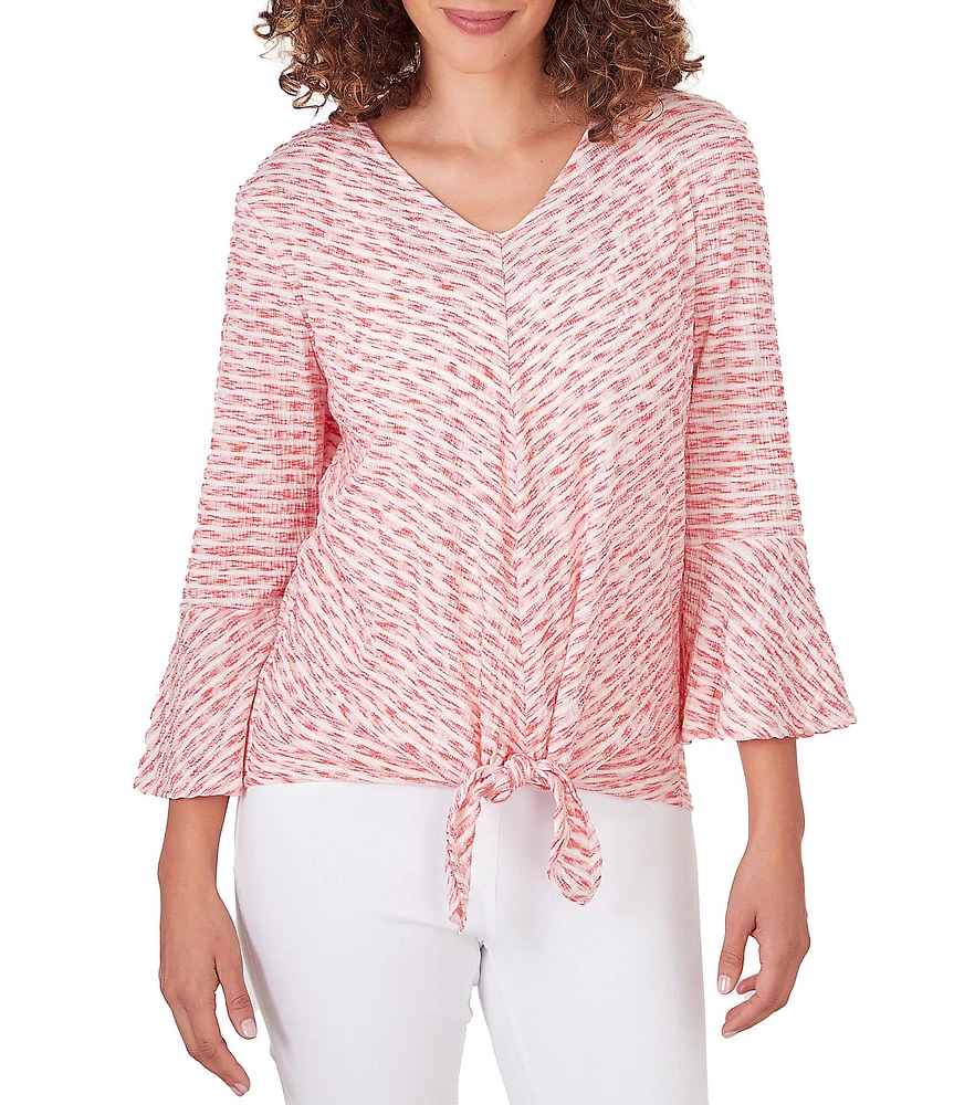 Ruby Rd. Knit Stripe V-Neck 3/4 Ruffle Sleeve Tie Top