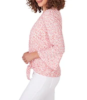 Ruby Rd. Knit Stripe V-Neck 3/4 Ruffle Sleeve Tie Top