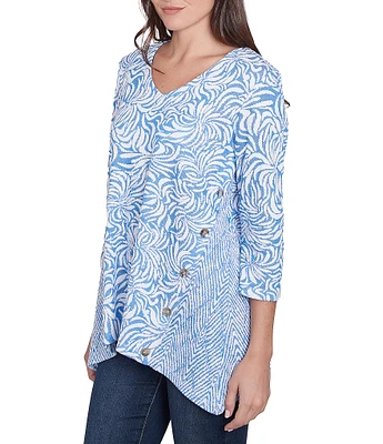 Ruby Rd. Knit Swirl Jacquard V-Neck 3/4 Sleeve Top