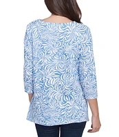 Ruby Rd. Knit Swirl Jacquard V-Neck 3/4 Sleeve Top