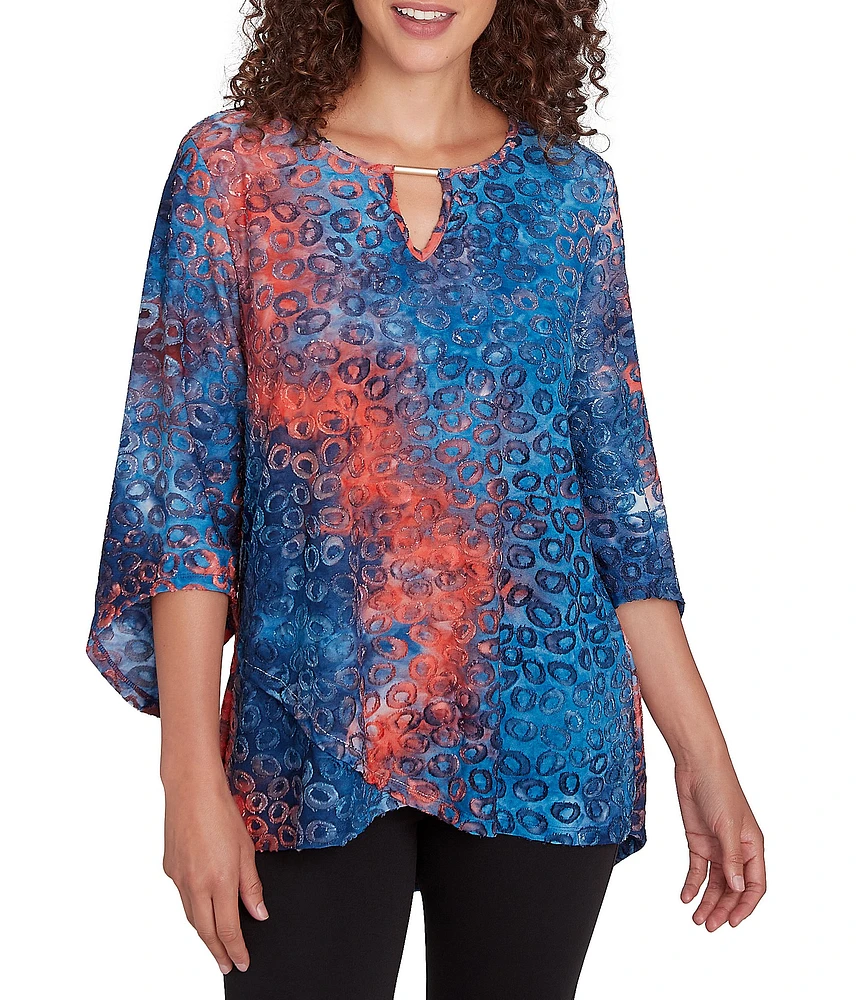 Ruby Rd. Knit Tie-Dyed Spot Print Keyhole Neck Bar Detail 3/4 Sleeve Top