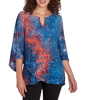 Ruby Rd. Knit Tie-Dyed Spot Print Keyhole Neck Bar Detail 3/4 Sleeve Top