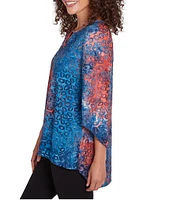 Ruby Rd. Knit Tie-Dyed Spot Print Keyhole Neck Bar Detail 3/4 Sleeve Top