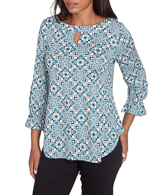 Ruby Rd. Knit Tiles Print Keyhole Neck 3/4 Sleeve Top