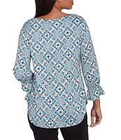 Ruby Rd. Knit Tiles Print Keyhole Neck 3/4 Sleeve Top