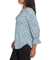 Ruby Rd. Knit Tiles Print Keyhole Neck 3/4 Sleeve Top