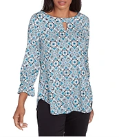 Ruby Rd. Knit Tiles Print Keyhole Neck 3/4 Sleeve Top