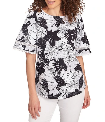 Ruby Rd. Knit Tropical Paradise Print Crew Neck Short Sleeve Top