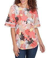 Ruby Rd. Knit Tropical Paradise Print Crew Neck Short Sleeve Top