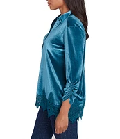 Ruby Rd. Knit Velvet Collared 3/4 Ruched Sleeve Button-Front Placket Lace Trim Hem Top