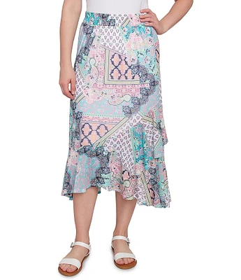 Ruby Rd. Lightweight Mesh Paisley Patchwork Asymmetric Ruffle Hem Pull-On Midi Flowy Skirt