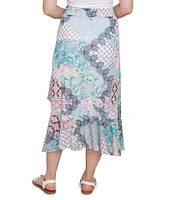 Ruby Rd. Lightweight Mesh Paisley Patchwork Asymmetric Ruffle Hem Pull-On Midi Flowy Skirt