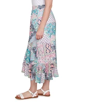 Ruby Rd. Lightweight Mesh Paisley Patchwork Asymmetric Ruffle Hem Pull-On Midi Flowy Skirt
