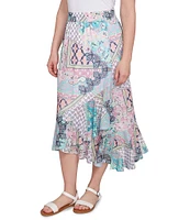 Ruby Rd. Lightweight Mesh Paisley Patchwork Asymmetric Ruffle Hem Pull-On Midi Flowy Skirt