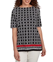 Ruby Rd. Medallion Border Print Boat Neck Elbow Sleeve Top