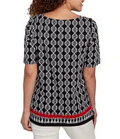 Ruby Rd. Medallion Border Print Boat Neck Elbow Sleeve Top