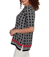 Ruby Rd. Medallion Border Print Boat Neck Elbow Sleeve Top