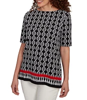 Ruby Rd. Medallion Border Print Boat Neck Elbow Sleeve Top