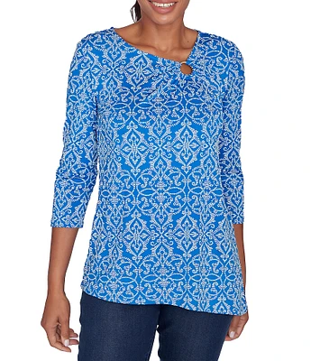 Ruby Rd. Medallion Knit Asymmetric Neck 3/4 Sleeve Top