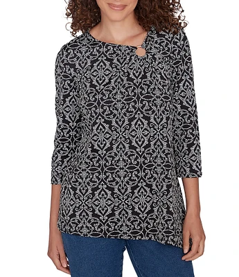 Ruby Rd. Medallion Knit Asymmetric Neck 3/4 Sleeve Top