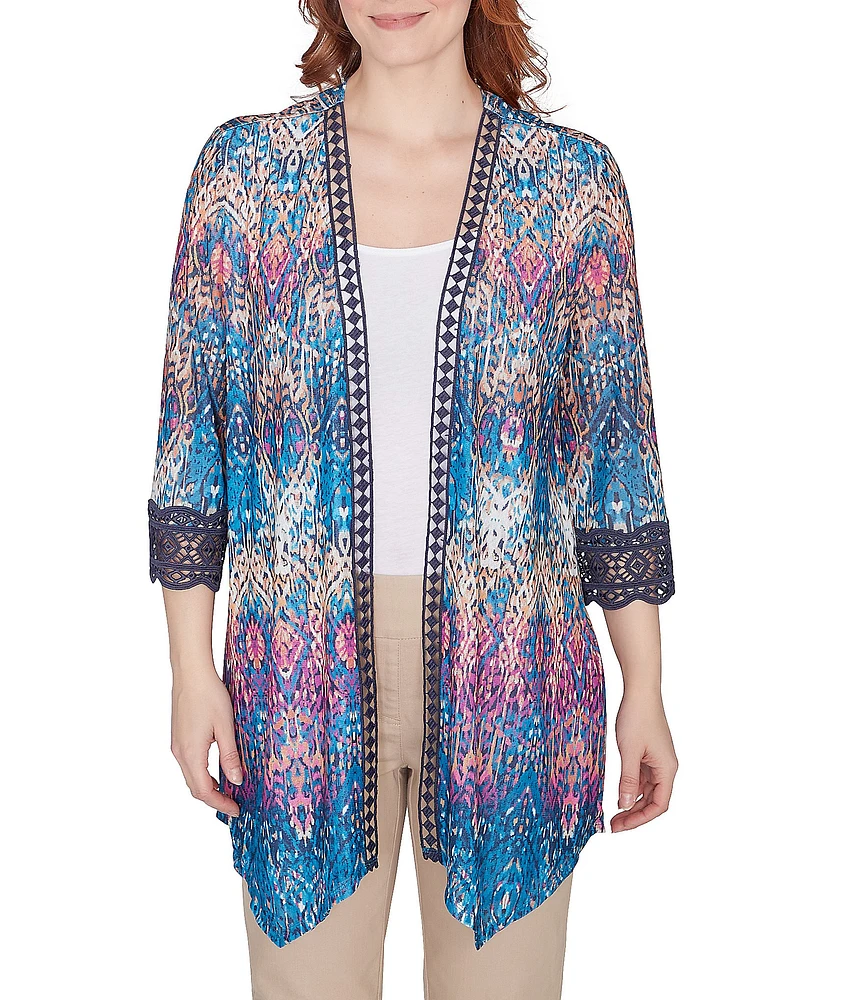 Ruby Rd. Medallion Print Mesh Lace Trim 3/4 Sleeve Open-Front Cardigan