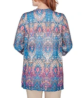 Ruby Rd. Medallion Print Mesh Lace Trim 3/4 Sleeve Open-Front Cardigan