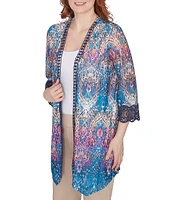 Ruby Rd. Medallion Print Mesh Lace Trim 3/4 Sleeve Open-Front Cardigan