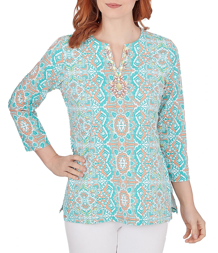 Ruby Rd. Medallion Print Split Round Neck 3/4 Sleeve Top