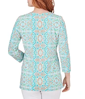 Ruby Rd. Medallion Print Split Round Neck 3/4 Sleeve Top