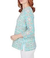 Ruby Rd. Medallion Print Split Round Neck 3/4 Sleeve Top