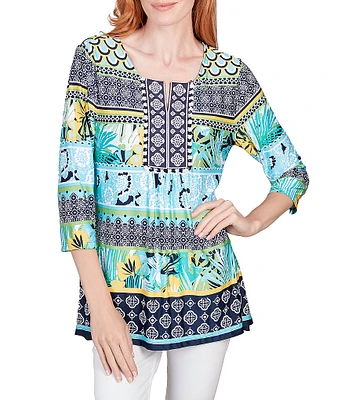 Ruby Rd. Mixed Border Print Knit Split Square Neck 3/4 Sleeve Top