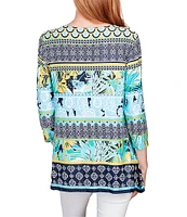 Ruby Rd. Mixed Border Print Knit Split Square Neck 3/4 Sleeve Top