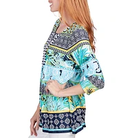 Ruby Rd. Mixed Border Print Knit Split Square Neck 3/4 Sleeve Top