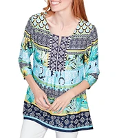 Ruby Rd. Mixed Border Print Knit Split Square Neck 3/4 Sleeve Top