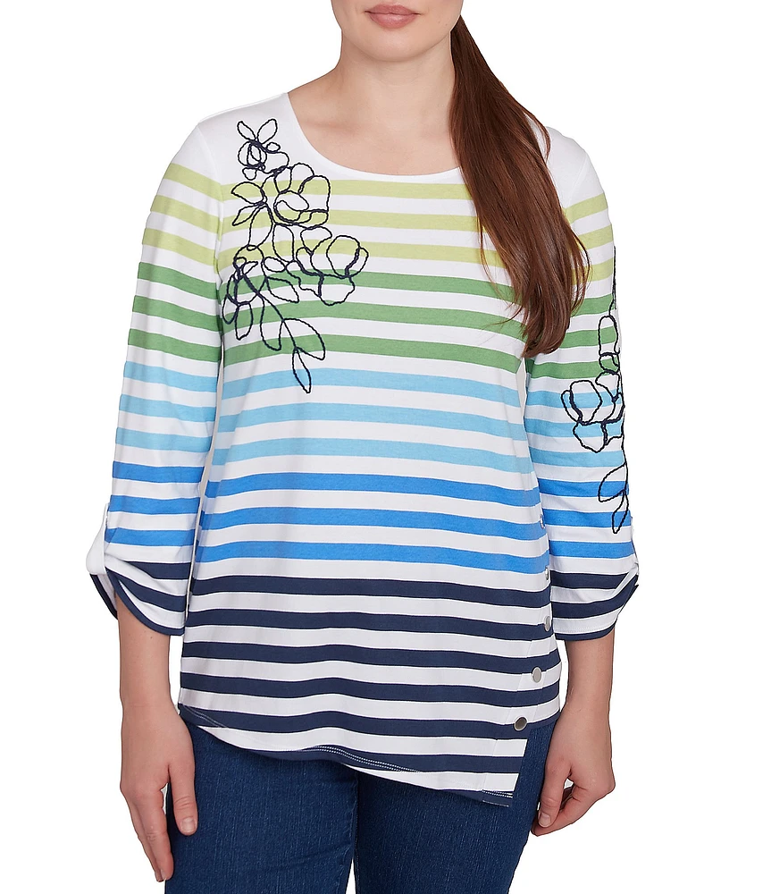 Ruby Rd. Mixed Color Stripe Soft Knit Floral Embroidered Detail Scoop Neck 3/4 Sleeve Top