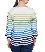 Ruby Rd. Mixed Color Stripe Soft Knit Floral Embroidered Detail Scoop Neck 3/4 Sleeve Top