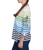 Ruby Rd. Mixed Color Stripe Soft Knit Floral Embroidered Detail Scoop Neck 3/4 Sleeve Top