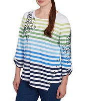 Ruby Rd. Mixed Color Stripe Soft Knit Floral Embroidered Detail Scoop Neck 3/4 Sleeve Top