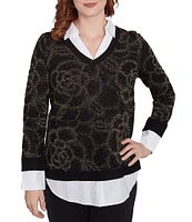 Ruby Rd. Mixed Media Metallic Floral Jacquard Collared Long Sleeve Pullover Layered Sweater