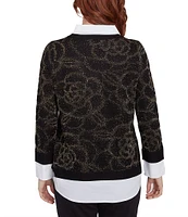 Ruby Rd. Mixed Media Metallic Floral Jacquard Collared Long Sleeve Pullover Layered Sweater