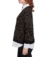 Ruby Rd. Mixed Media Metallic Floral Jacquard Collared Long Sleeve Pullover Layered Sweater