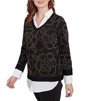 Ruby Rd. Mixed Media Metallic Floral Jacquard Collared Long Sleeve Pullover Layered Sweater