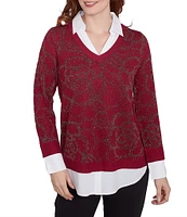 Ruby Rd. Mixed Media Metallic Floral Jacquard Collared Long Sleeve Pullover Layered Sweater