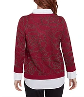 Ruby Rd. Mixed Media Metallic Floral Jacquard Collared Long Sleeve Pullover Layered Sweater