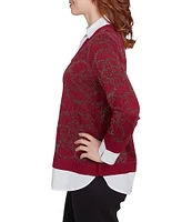 Ruby Rd. Mixed Media Metallic Floral Jacquard Collared Long Sleeve Pullover Layered Sweater