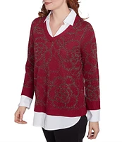 Ruby Rd. Mixed Media Metallic Floral Jacquard Collared Long Sleeve Pullover Layered Sweater