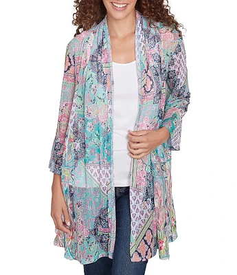 Ruby Rd. Paisley Patchwork Embroidered 3/4 Sleeve Open-Front Flowy Cardigan