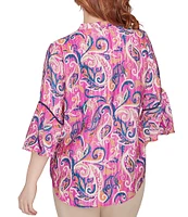 Ruby Rd. Paisley Print Woven Embellished Bib Banded Collar 3/4 Bell Sleeve Top